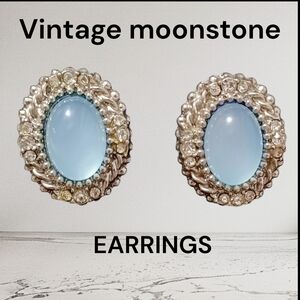 Vintage blue lucite moonglow silver oval earrings mcm excellent condition